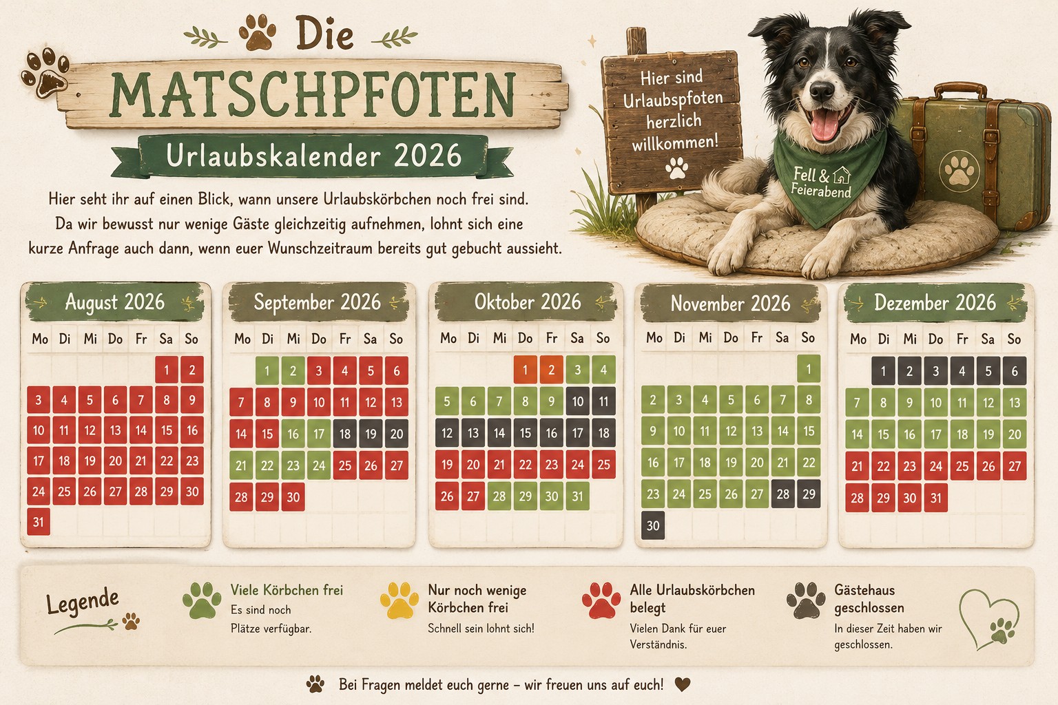 Ein Hund auf seinem Körbchen, Holzschilder und ein grüner Urlaubskoffer